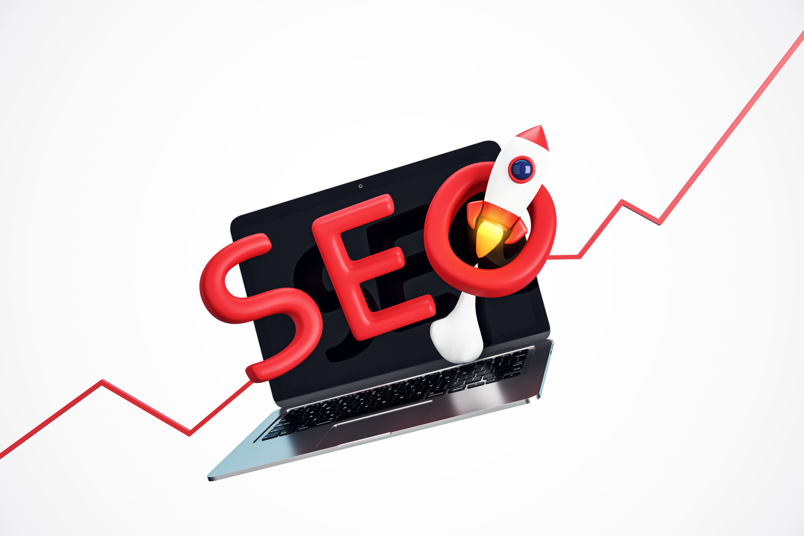 SEO concept with red SEO text, laptop, and rocket on a white background, symbolizing growth and digital marketing. 3D Rendering